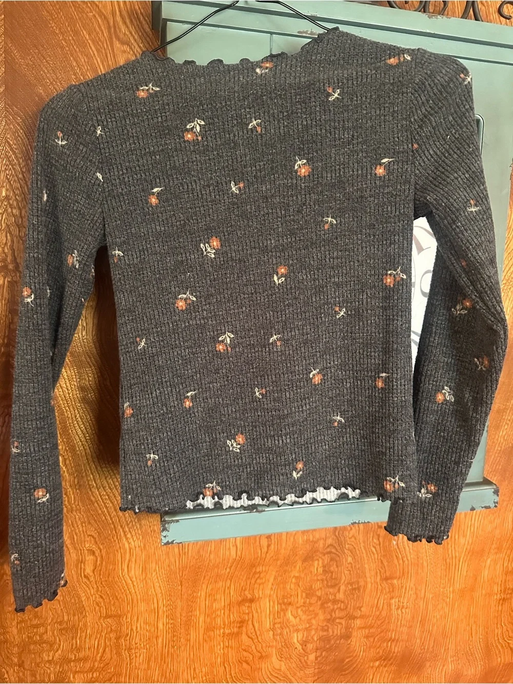 Old Navy Girls' Dark Gray Knit Long Sleeve Top with Orange Floral Dots